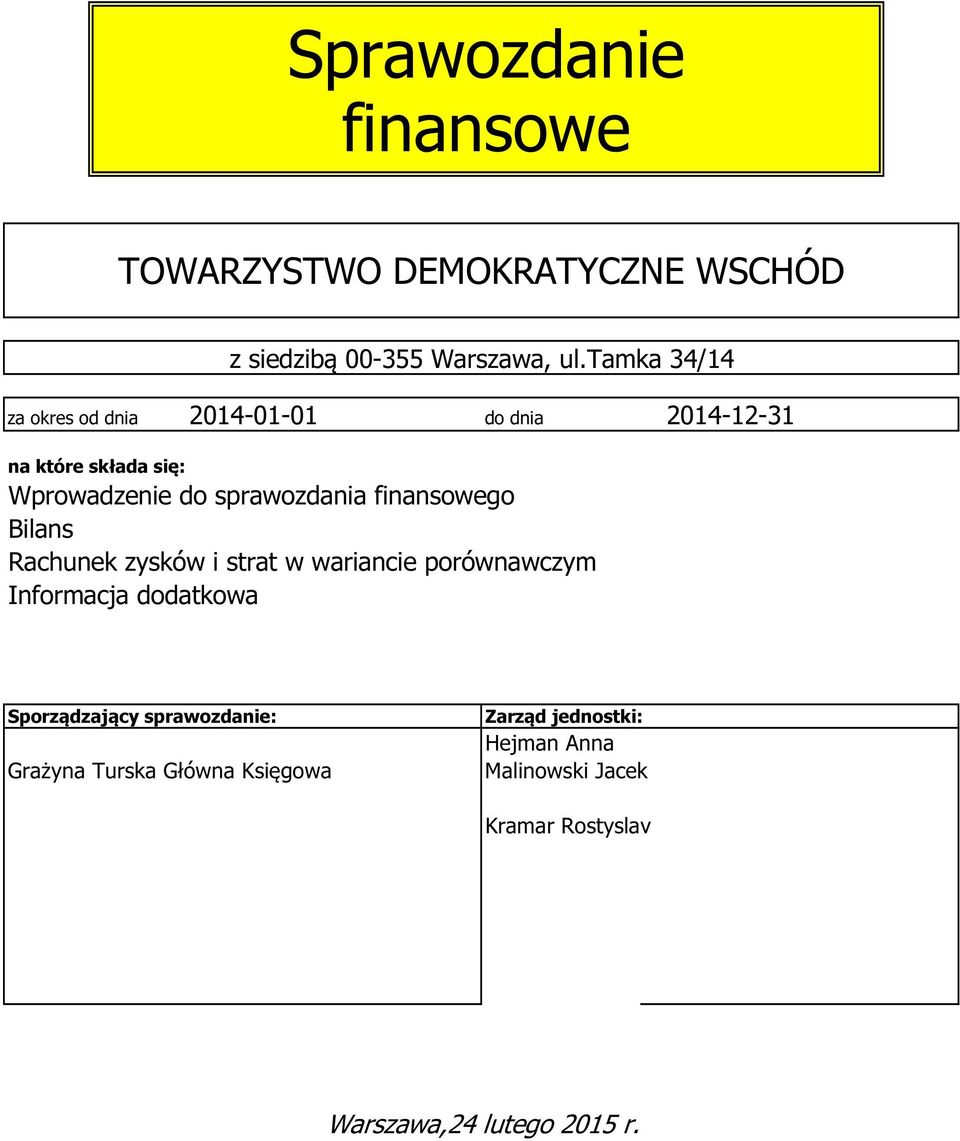 sprawozdania finansowego Rachunek zysków i strat w wariancie porównawczym Informacja dodatkowa