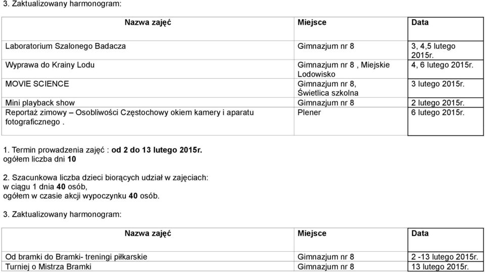 Reportaż zimowy Osobliwości Częstochowy okiem kamery i aparatu fotograficznego. Plener 6 lutego 20r. 1. Termin prowadzenia zajęć : od 2 do 13 lutego 20r.