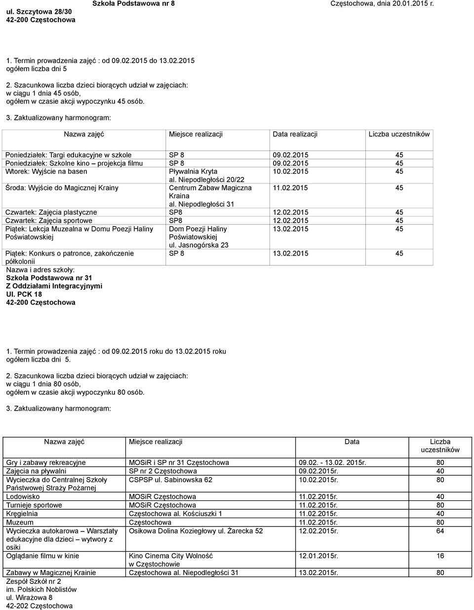 Niepodległości 20/22 Środa: Wyjście do Magicznej Krainy Centrum Zabaw Magiczna 11.02.20 45 Kraina al. Niepodległości 31 Czwartek: Zajęcia plastyczne SP8 12.02.20 45 Czwartek: Zajęcia sportowe SP8 12.