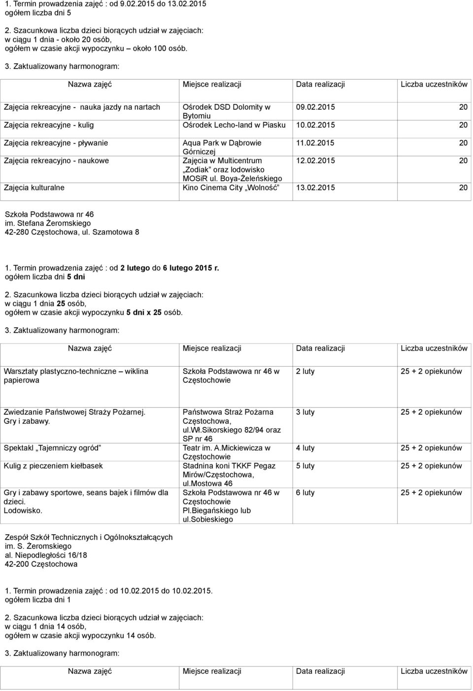 02.20 20 Górniczej Zajęcia rekreacyjno - naukowe Zajęcia w Multicentrum 12.02.20 20 Zodiak oraz lodowisko MOSiR ul. Boya-Żeleńskiego Zajęcia kulturalne Kino Cinema City Wolność 13.02.20 20 Szkoła Podstawowa nr 46 im.