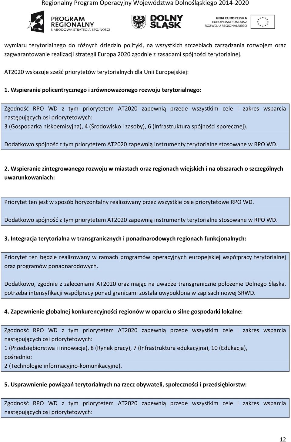 Wspieranie policentrycznego i zrównoważonego rozwoju terytorialnego: Zgoność RPO WD z tym priorytetem AT2020 zapewnią przee wszystkim cele i zakres wsparcia następujących osi priorytetowych: 3