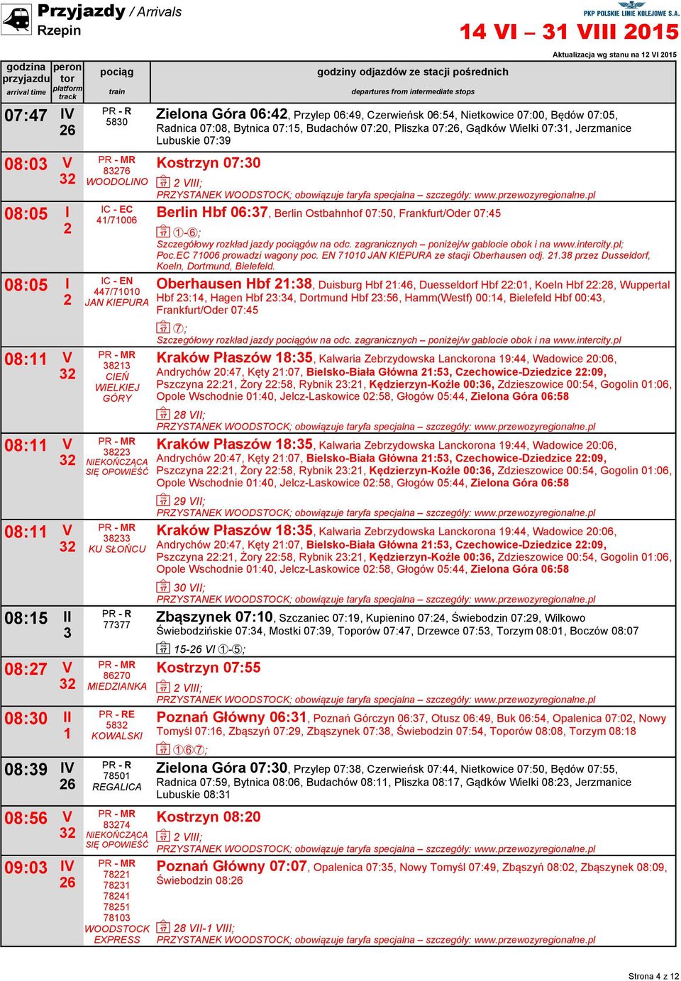 Góra 06:4, Przylep 06:49, Czerwieńsk 06:54, Nietkowice 07:00, Będów 07:05, Radnica 07:08, Bytnica 07:5, Budachów 07:0, Pliszka 07:, Gądków Wielki 07:3, Jerzmanice Lubuskie 07:39 Kostrzyn 07:30 Berlin