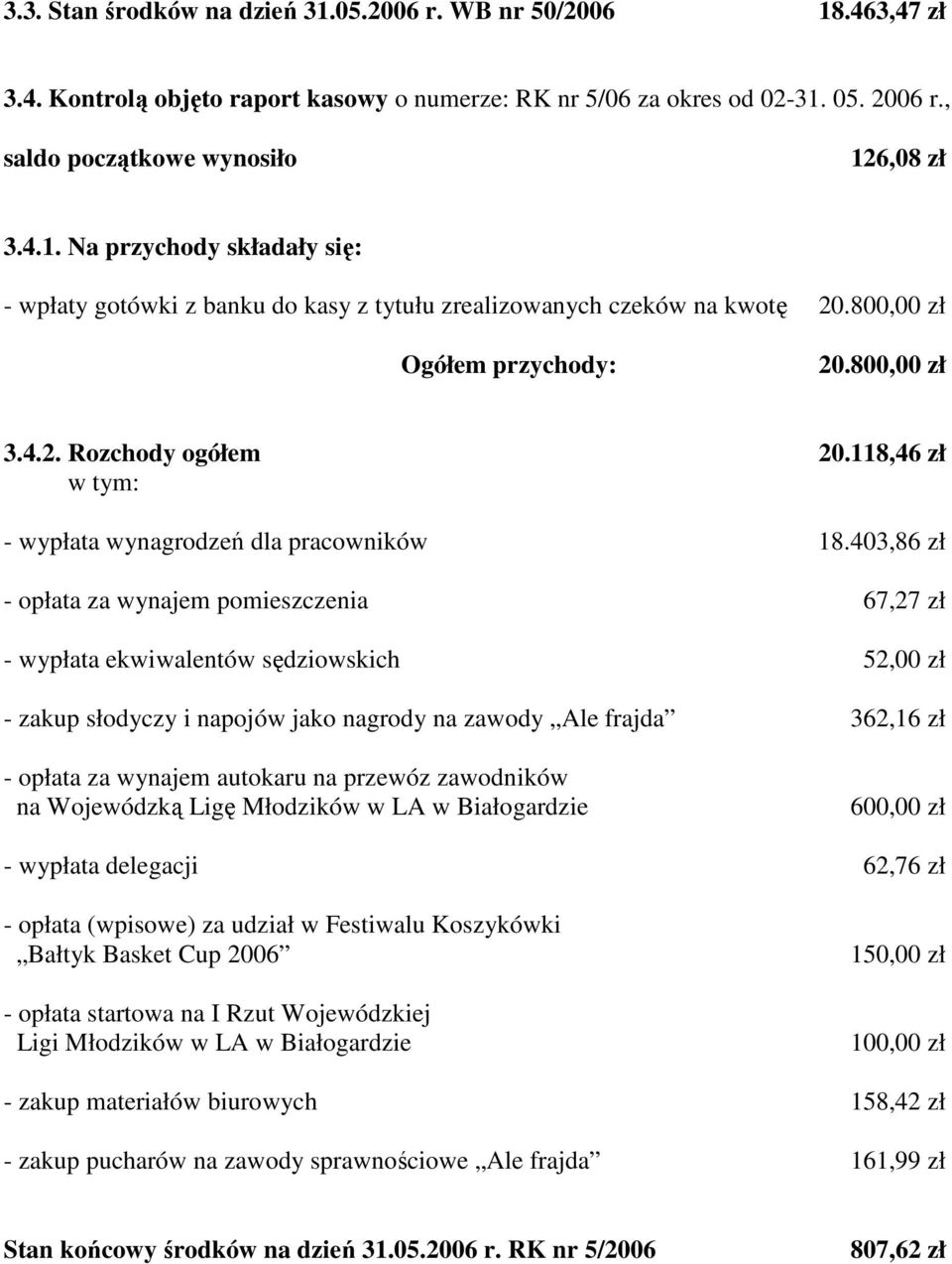 403,86 zł - opłata za wynajem pomieszczenia 67,27 zł - wypłata ekwiwalentów sędziowskich 52,00 zł - zakup słodyczy i napojów jako nagrody na zawody Ale frajda 362,16 zł - opłata za wynajem autokaru