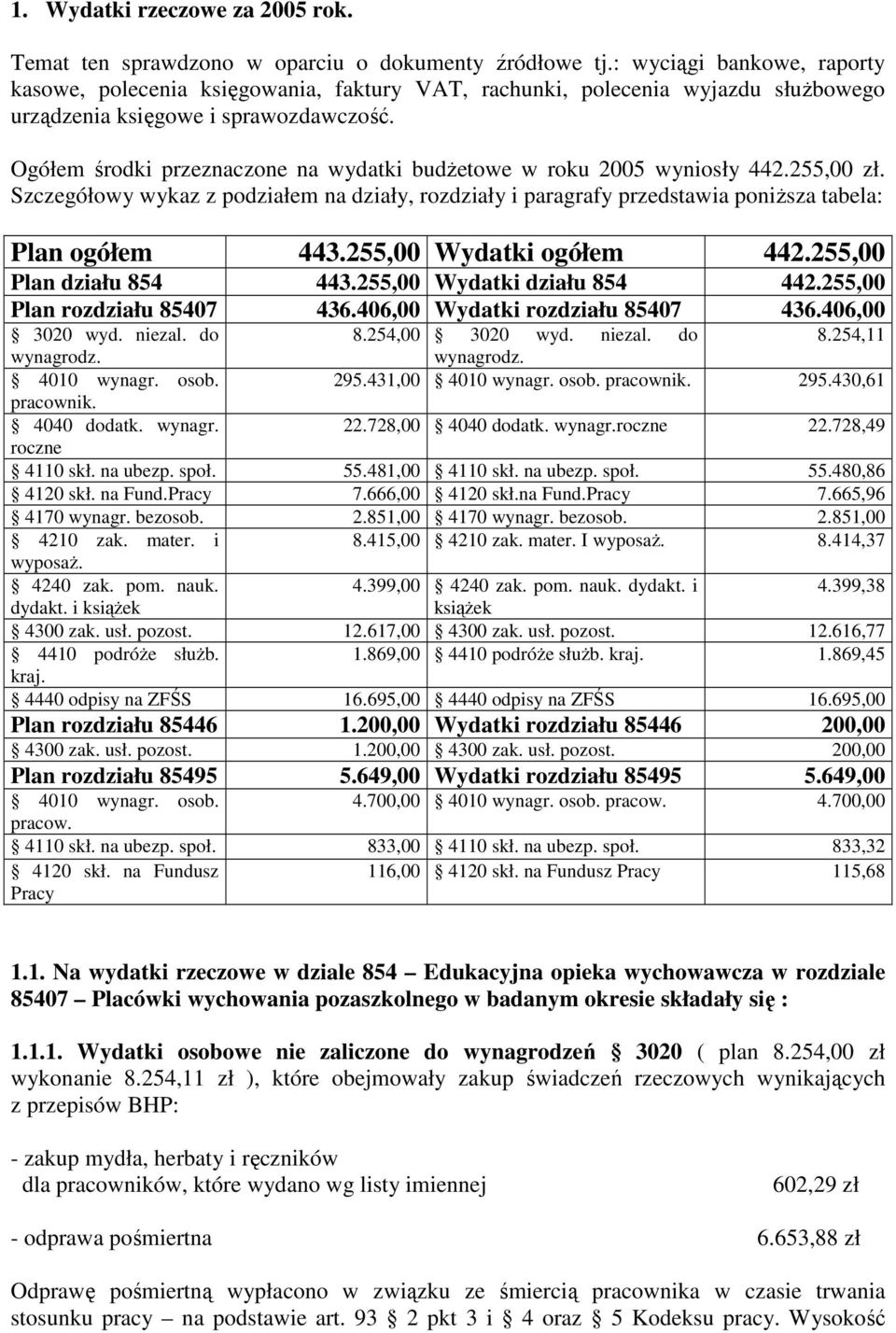 Ogółem środki przeznaczone na wydatki budŝetowe w roku 2005 wyniosły 442.255,00 zł. Szczegółowy wykaz z podziałem na działy, rozdziały i paragrafy przedstawia poniŝsza tabela: Plan ogółem 443.