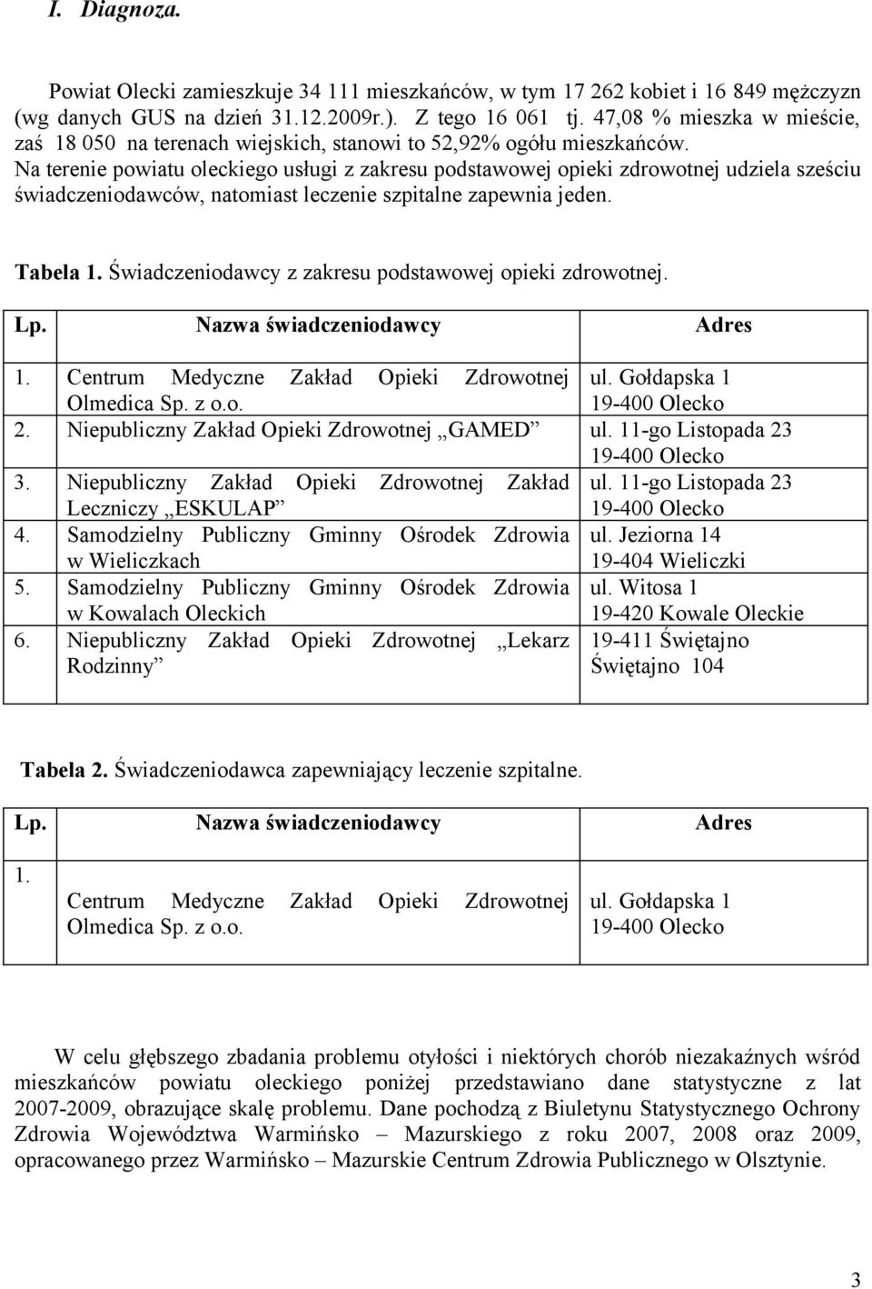 Na terenie powiatu oleckiego usługi z zakresu podstawowej opieki zdrowotnej udziela sześciu świadczeniodawców, natomiast leczenie szpitalne zapewnia jeden. Tabela 1.