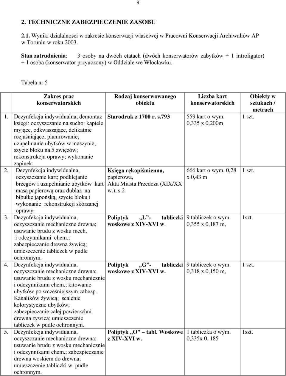 Dezynfekcja indywidualna; demontaż księgi: oczyszczanie na sucho: kąpiele myjące, odkwaszające, delikatnie rozjaśniające; planirowanie; uzupełnianie ubytków w maszynie; szycie bloku na 5 zwięzów;