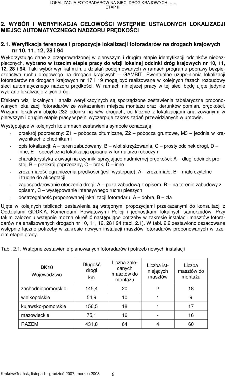 niebezpiecznych, wybrano w trzecim etapie pracy do wizji lokalnej odcinki dróg krajowych nr 10, 11, 12, 28 i 94. Taki wybór wynikał m.in. z działań podejmowanych w ramach programu poprawy bezpieczeństwa ruchu drogowego na drogach krajowych GAMBIT.