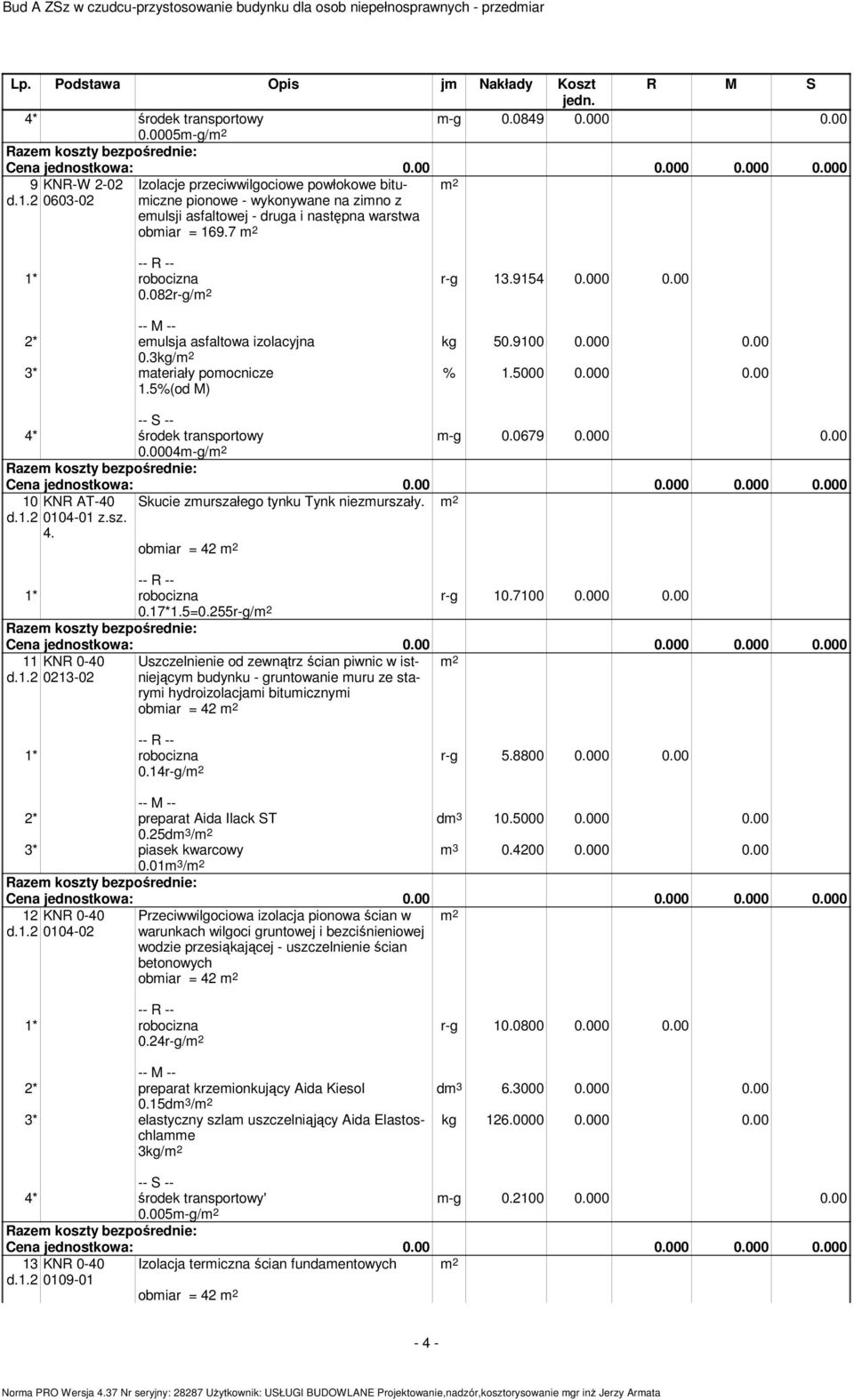 000 0.00 kg 50.9100 0.000 0.00 * emulsja asfaltowa izolacyjna 0.3kg/m 3* materiały pomocnicze m-g 0.0679 0.000 0.00 4* środek transportowy 0.0004m-g/m 10 KNR AT-40 0104-01 z.sz. 4. Skucie zmurszałego tynku Tynk niezmurszały.