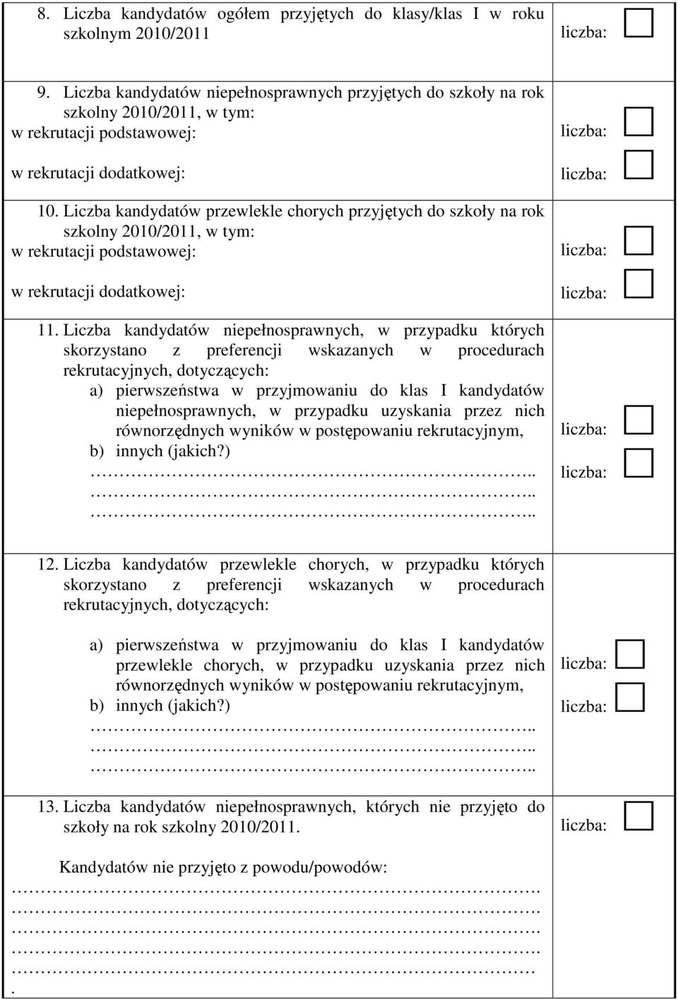 Liczba kandydatów przewlekle chorych przyjętych do szkoły na rok szkolny 2010/2011, w tym: w rekrutacji podstawowej: w rekrutacji dodatkowej: 11.