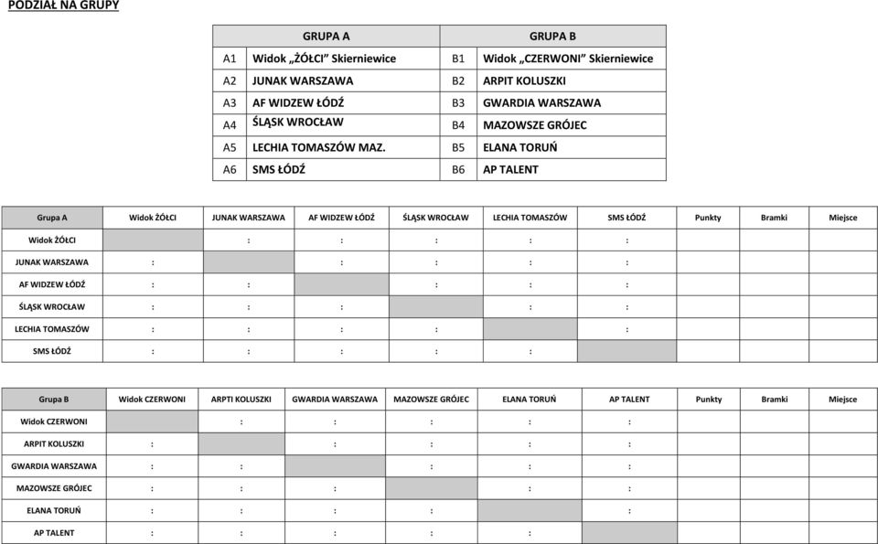 B5 ELANA TORUŃ A6 SMS ŁÓDŹ B6 AP TALENT Grupa A Widok ŻÓŁCI JUNAK WARSZAWA AF WIDZEW ŁÓDŹ ŚLĄSK WROCŁAW LECHIA TOMASZÓW SMS ŁÓDŹ Punkty Bramki Miejsce Widok ŻÓŁCI : : : : : JUNAK WARSZAWA : : :