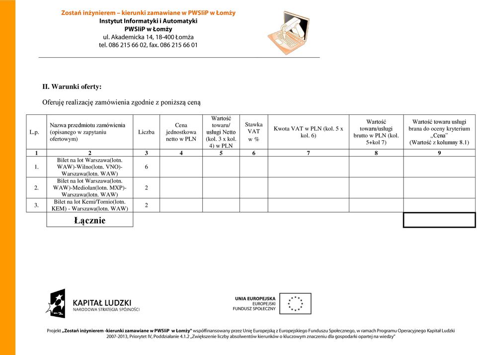 w PLN Wartość towaru/ usługi Netto (kol. 3 x kol. 4) w PLN Stawka VAT w % Kwota VAT w PLN (kol. 5 x kol. 6) Wartość towaru/usługi brutto w PLN (kol.
