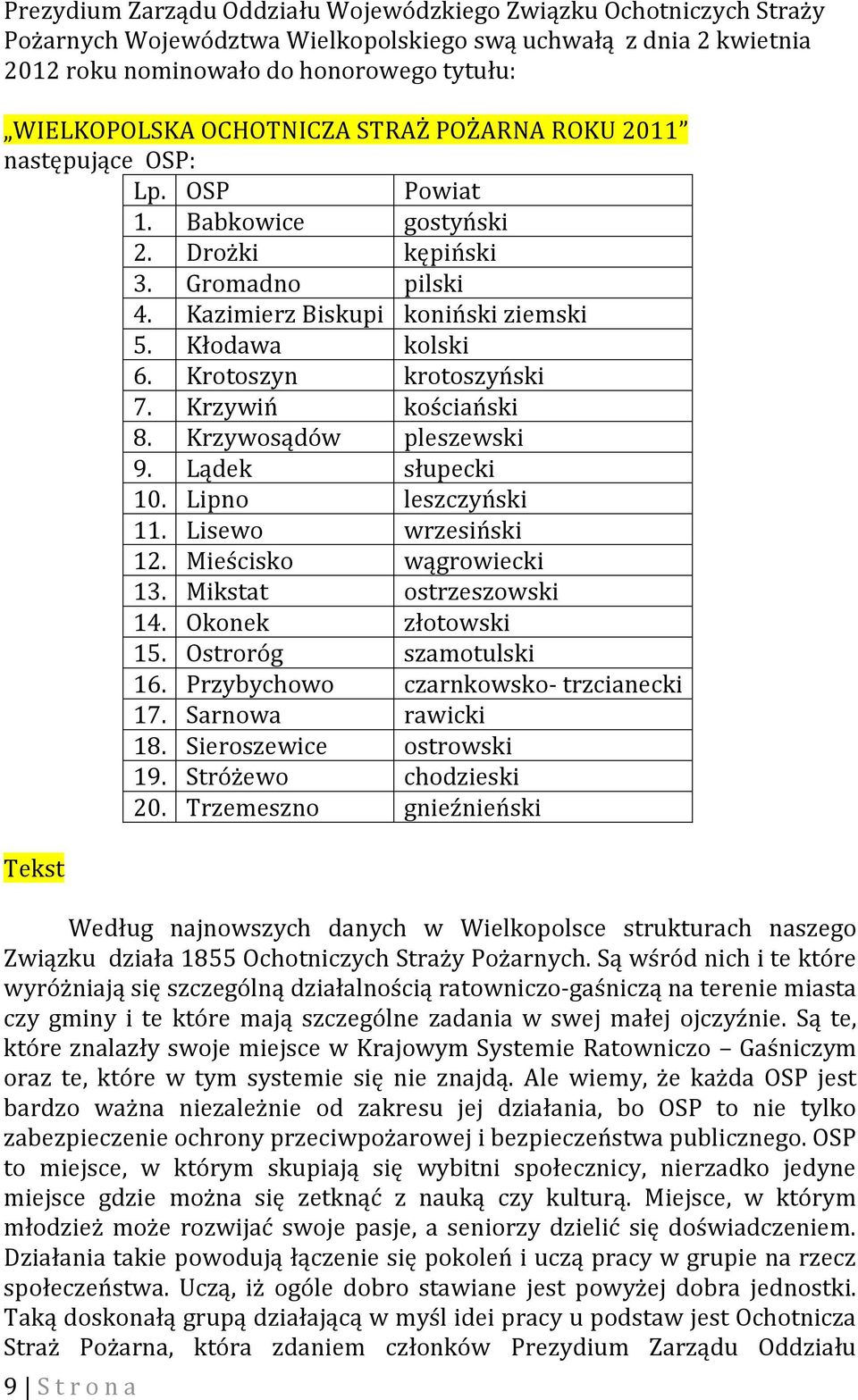 Krotoszyn krotoszyński 7. Krzywiń kościański 8. Krzywosądów pleszewski 9. Lądek słupecki 10. Lipno leszczyński 11. Lisewo wrzesiński 12. Mieścisko wągrowiecki 13. Mikstat ostrzeszowski 14.