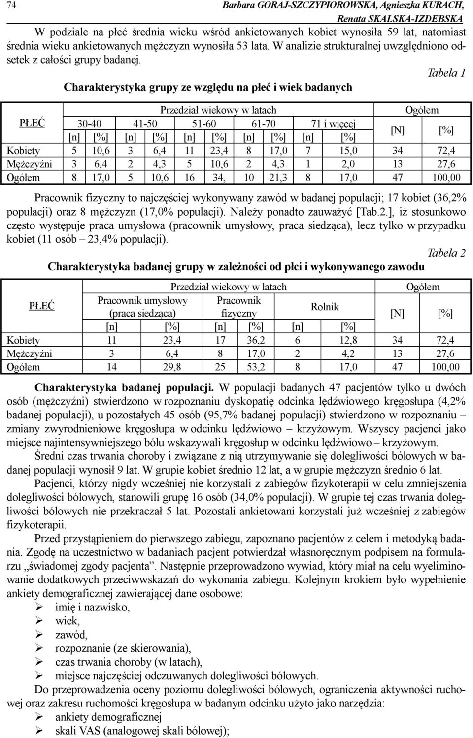 Tabela 1 Charakterystyka grupy ze względu na płeć i wiek badanych Przedział wiekowy w latach Ogółem PŁEĆ 30-40 41-50 51-60 61-70 71 i więcej [n] [%] [N] [%] 5 10,6 3 6,4 11 23,4 8 17,0 7 15,0 34 72,4