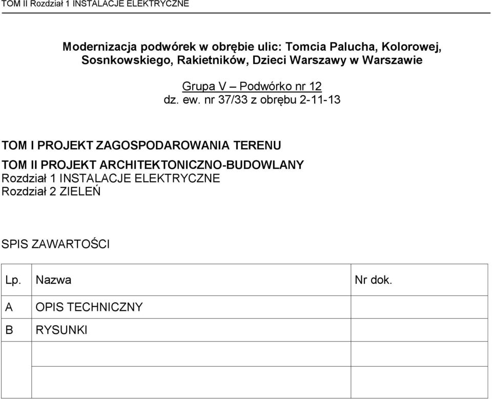 nr 37/33 z obrębu 2-11-13 TOM I PROJEKT ZAGOSPODAROWANIA TERENU TOM II PROJEKT