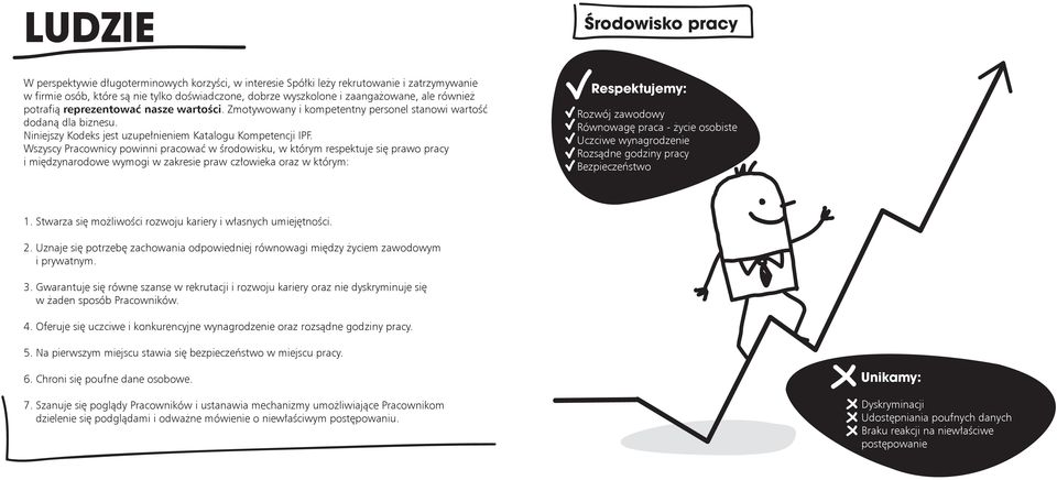 Wszyscy Pracownicy powinni pracować w środowisku, w którym respektuje się prawo pracy i międzynarodowe wymogi w zakresie praw człowieka oraz w którym: Respektujemy: Rozwój zawodowy Równowagę praca -