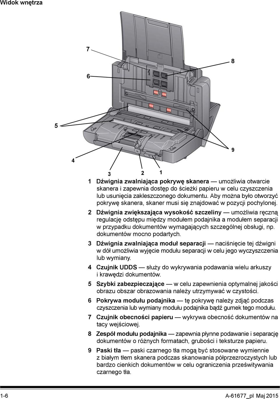 2 Dźwignia zwiększająca wysokość szczeliny umożliwia ręczną regulację odstępu między modułem podajnika a modułem separacji w przypadku dokumentów wymagających szczególnej obsługi, np.