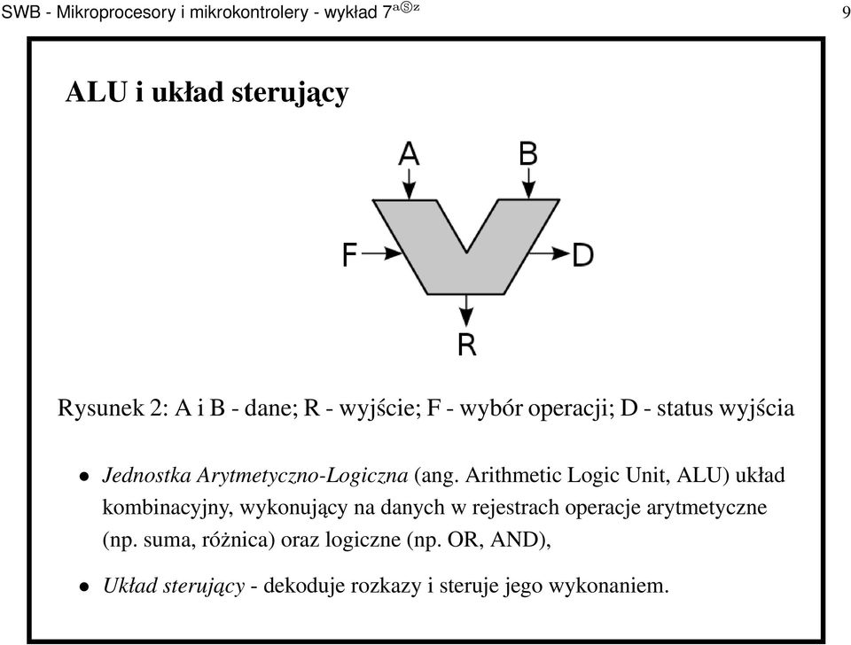 Arithmetic Logic Unit, ALU) układ kombinacyjny, wykonujący na danych w rejestrach operacje