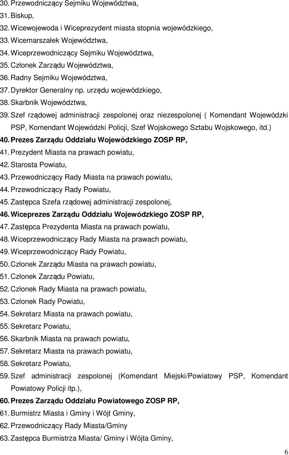 Szef rządowej administracji zespolonej oraz niezespolonej ( Komendant Wojewódzki PSP, Komendant Wojewódzki Policji, Szef Wojskowego Sztabu Wojskowego, itd.) 40.