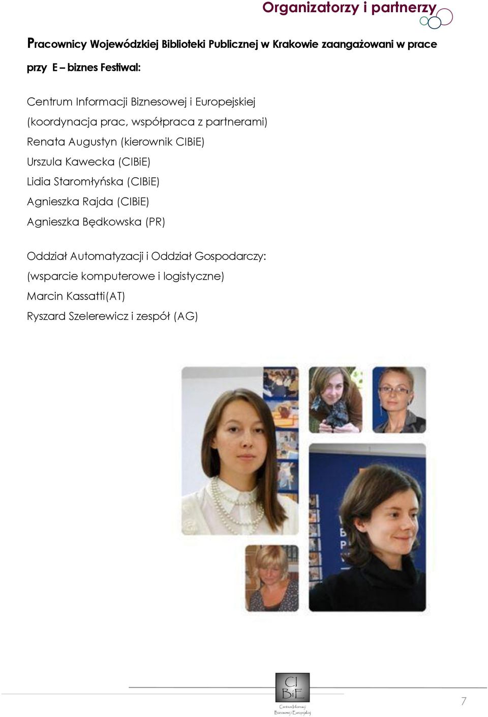 (kierownik CIBiE) Urszula Kawecka (CIBiE) Lidia Staromłyńska (CIBiE) Agnieszka Rajda (CIBiE) Agnieszka Będkowska (PR)