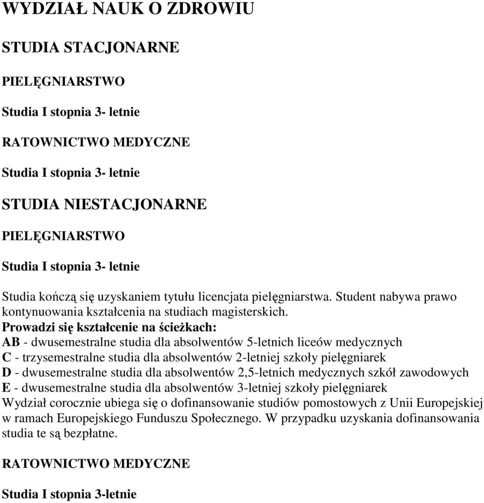 Prowadzi się kształcenie na ścieŝkach: AB - dwusemestralne studia dla absolwentów 5-letnich liceów medycznych C - trzysemestralne studia dla absolwentów 2-letniej szkoły pielęgniarek D -