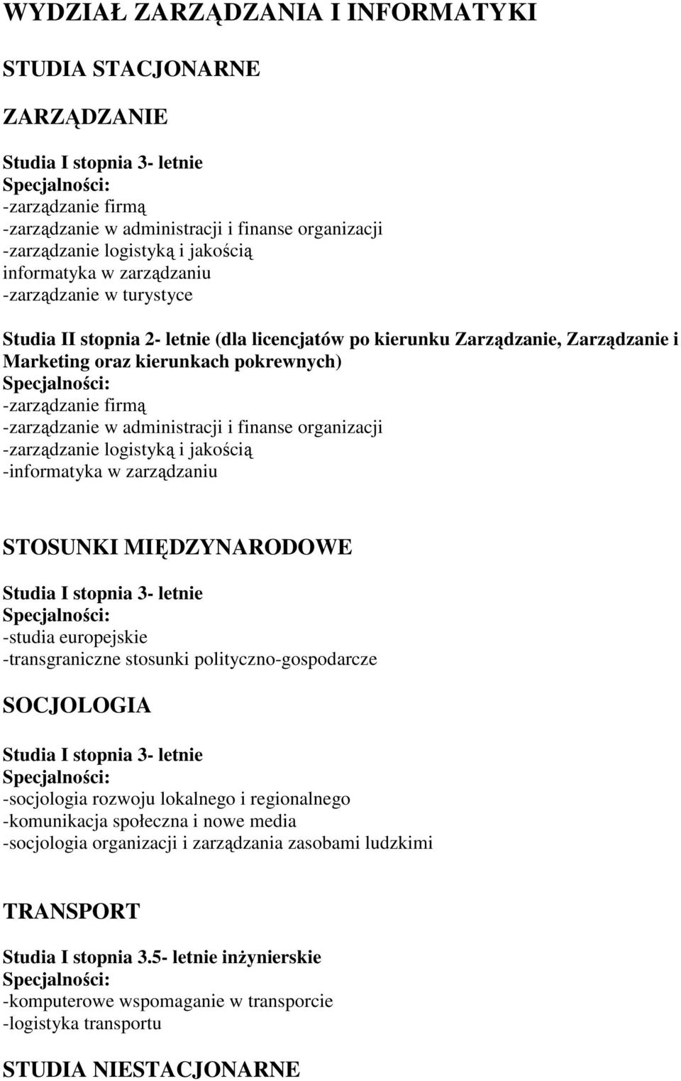 finanse organizacji -zarządzanie logistyką i jakością -informatyka w zarządzaniu STOSUNKI MIĘDZYNARODOWE -studia europejskie -transgraniczne stosunki polityczno-gospodarcze SOCJOLOGIA -socjologia