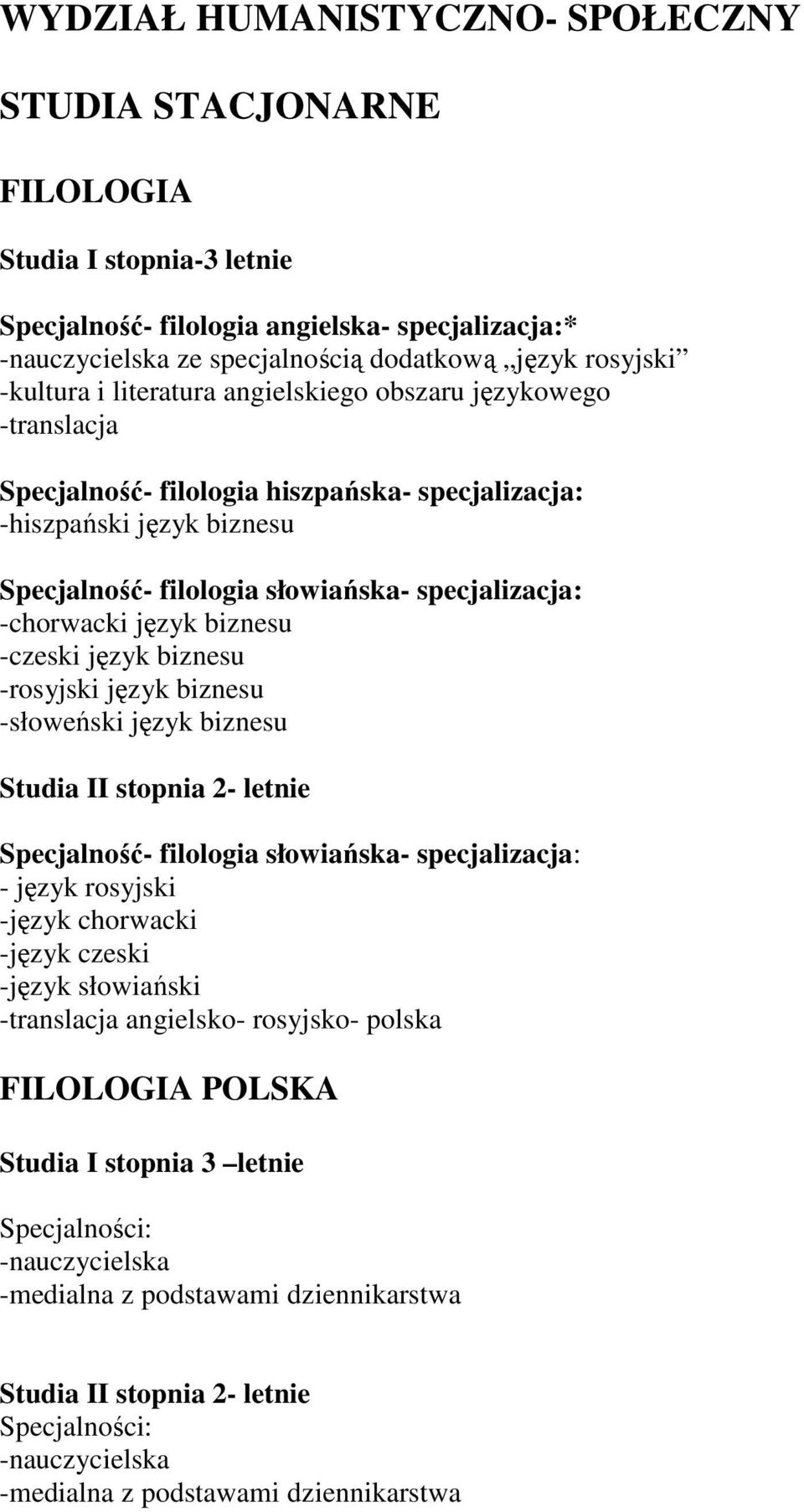 -chorwacki język biznesu -czeski język biznesu -rosyjski język biznesu -słoweński język biznesu Studia II stopnia 2- letnie Specjalność- filologia słowiańska- specjalizacja: - język rosyjski -język