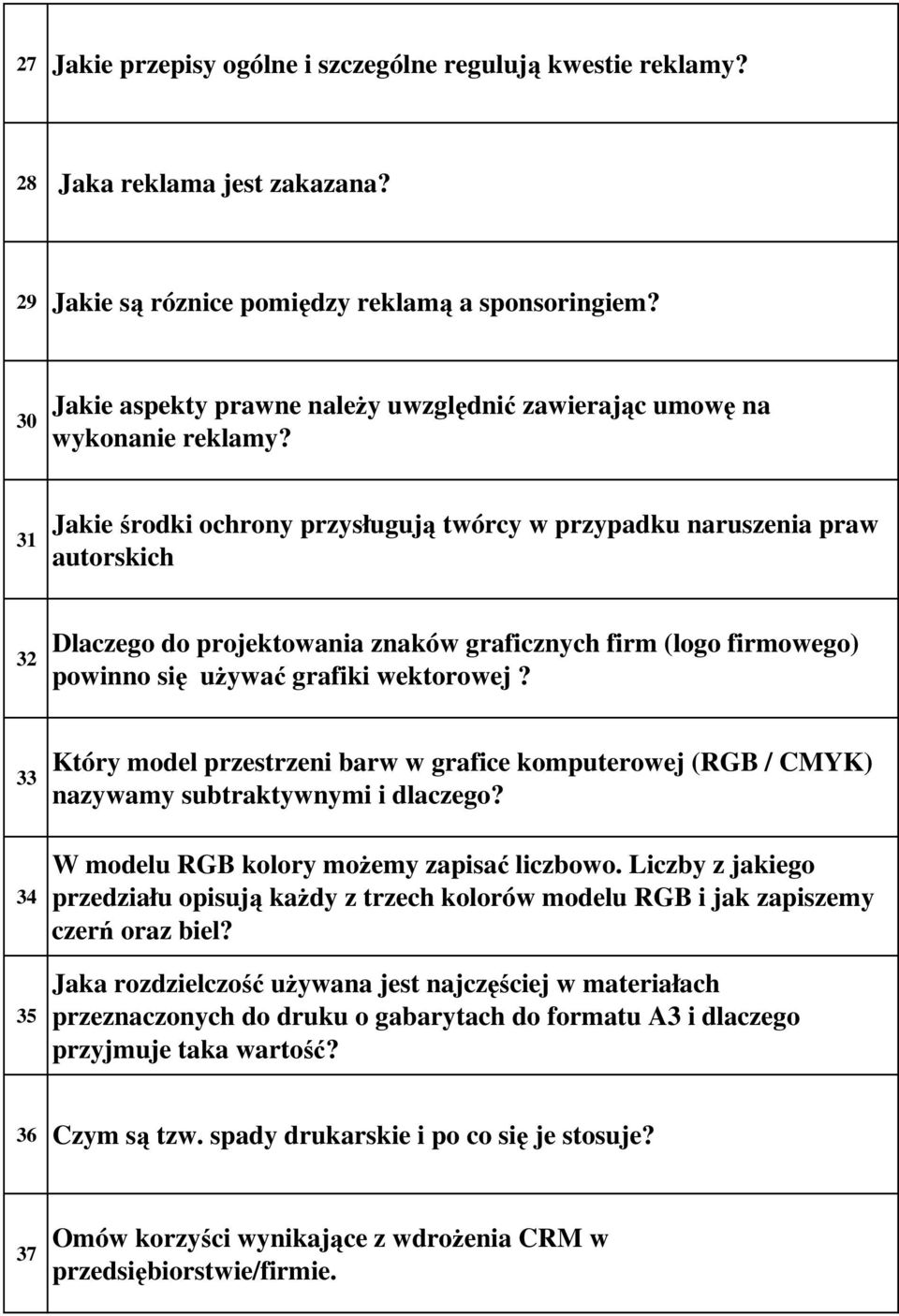 31 Jakie środki ochrony przysługują twórcy w przypadku naruszenia praw autorskich 32 Dlaczego do projektowania znaków graficznych firm (logo firmowego) powinno się używać grafiki wektorowej?