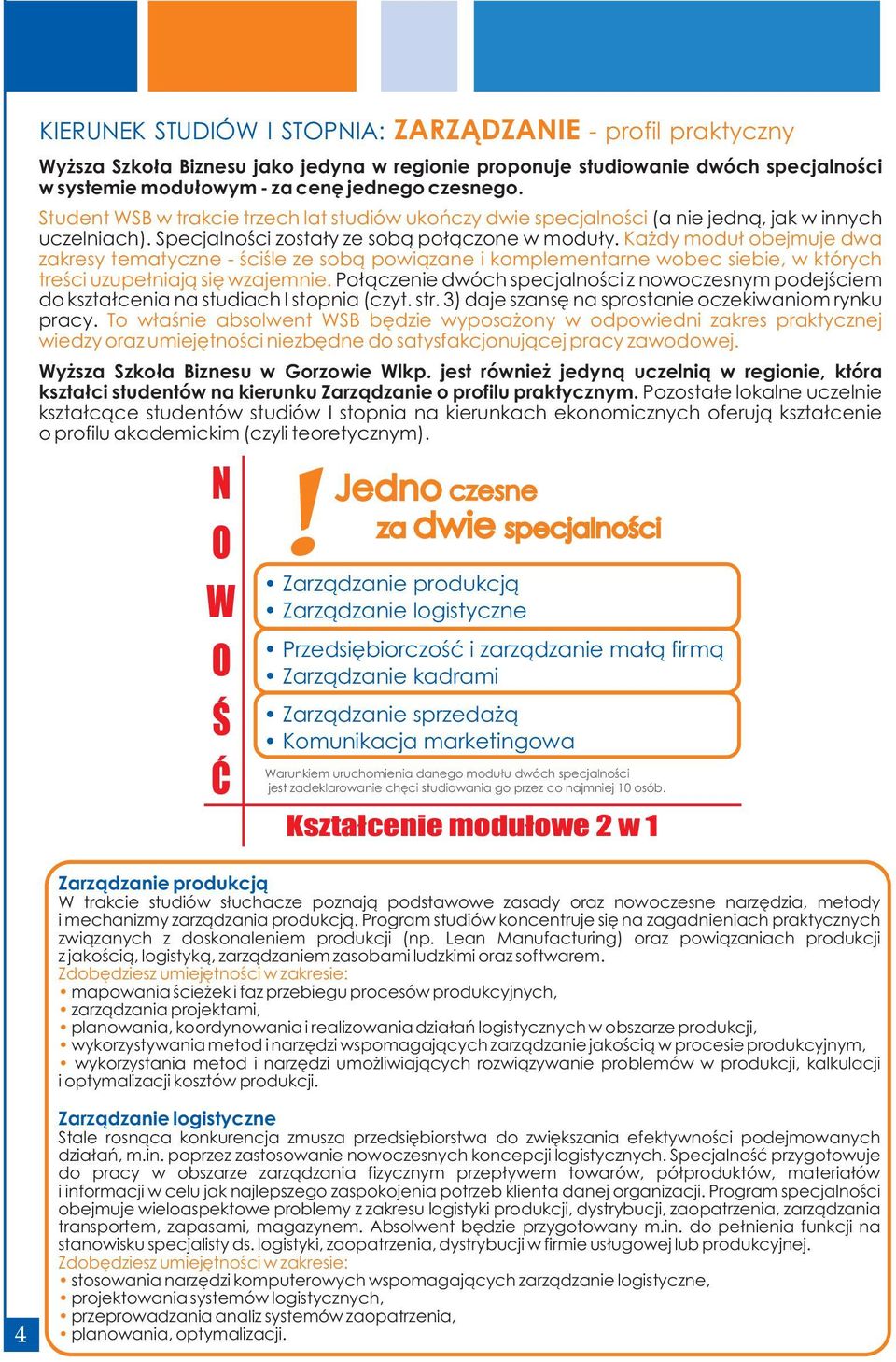 Każdy moduł obejmuje dwa zakresy tematyczne - ściśle ze sobą powiązane i komplementarne wobec siebie, w których treści uzupełniają się wzajemnie.