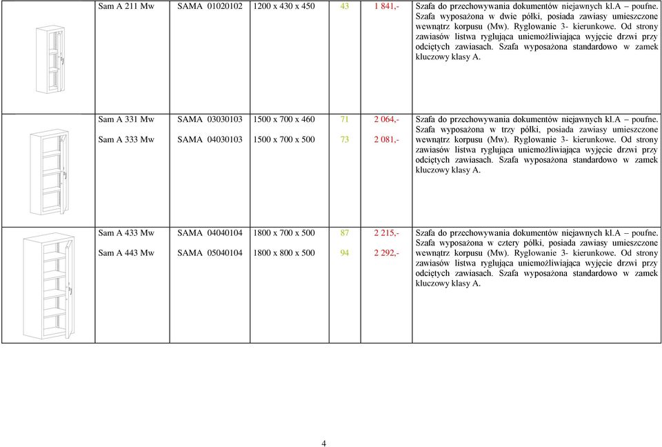 Sam A 331 Mw Sam A 333 Mw SAMA 03030103 SAMA 04030103 71 73 2 064,- 2 081,- Szafa do przechowywania dokumentów niejawnych kl.a poufne.