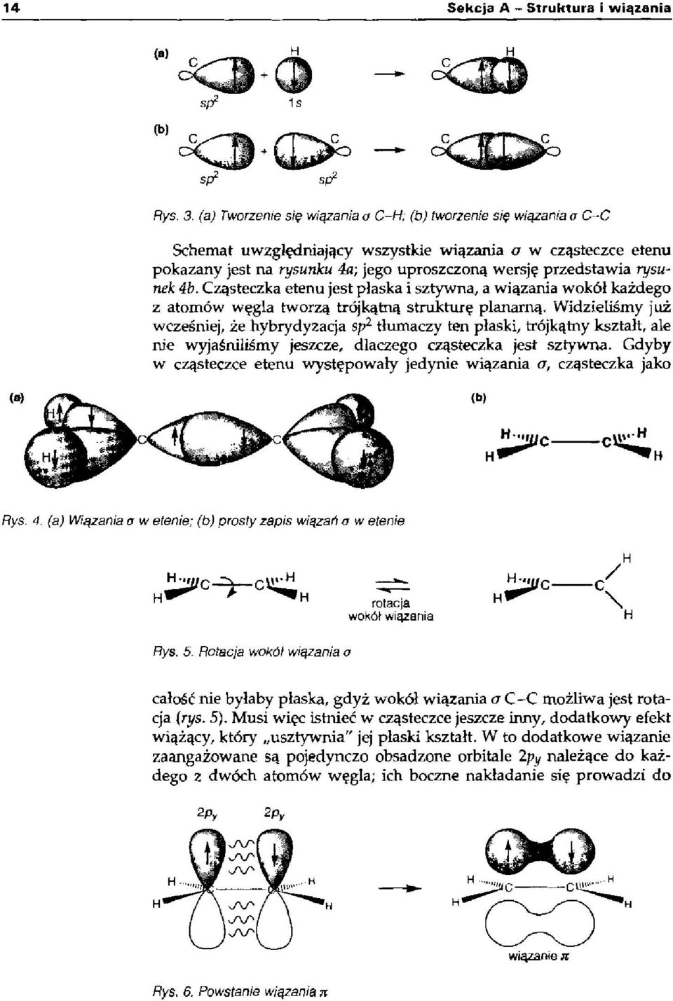 rysunek 4b. Cząsteczka etenu jest płaska i sztywna, a wiązania wokół każdego z atomów węgla tworzą trójkątną strukturę planarną.