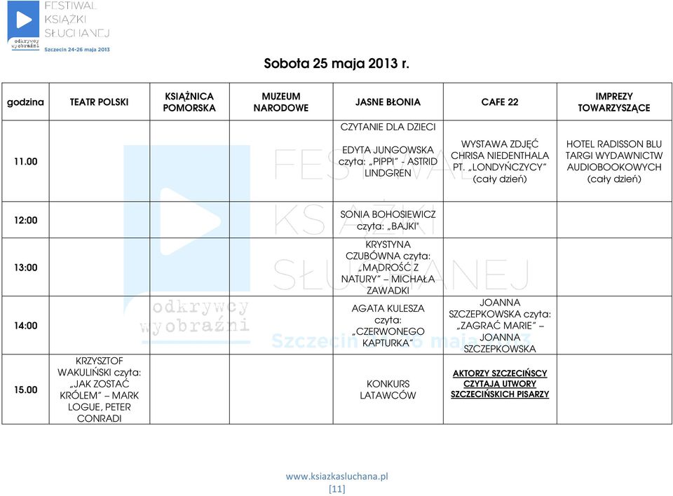 LONDYŃCZYCY (cały dzień) HOTEL RADISSON BLU TARGI WYDAWNICTW AUDIOBOOKOWYCH (cały dzień) 12:00 SONIA BOHOSIEWICZ czyta: BAJKI" 13:00 14:00 15.