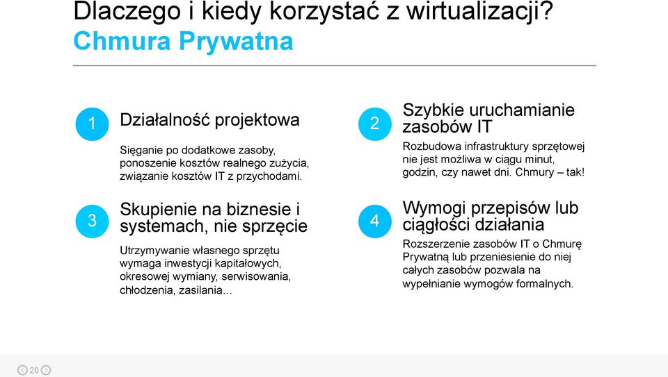 2 Szybkie uruchamianie zasobów IT Rozbudowa infrastruktury sprzętowej nie jest możliwa w ciągu minut, godzin, czy nawet dni. Chmury tak!