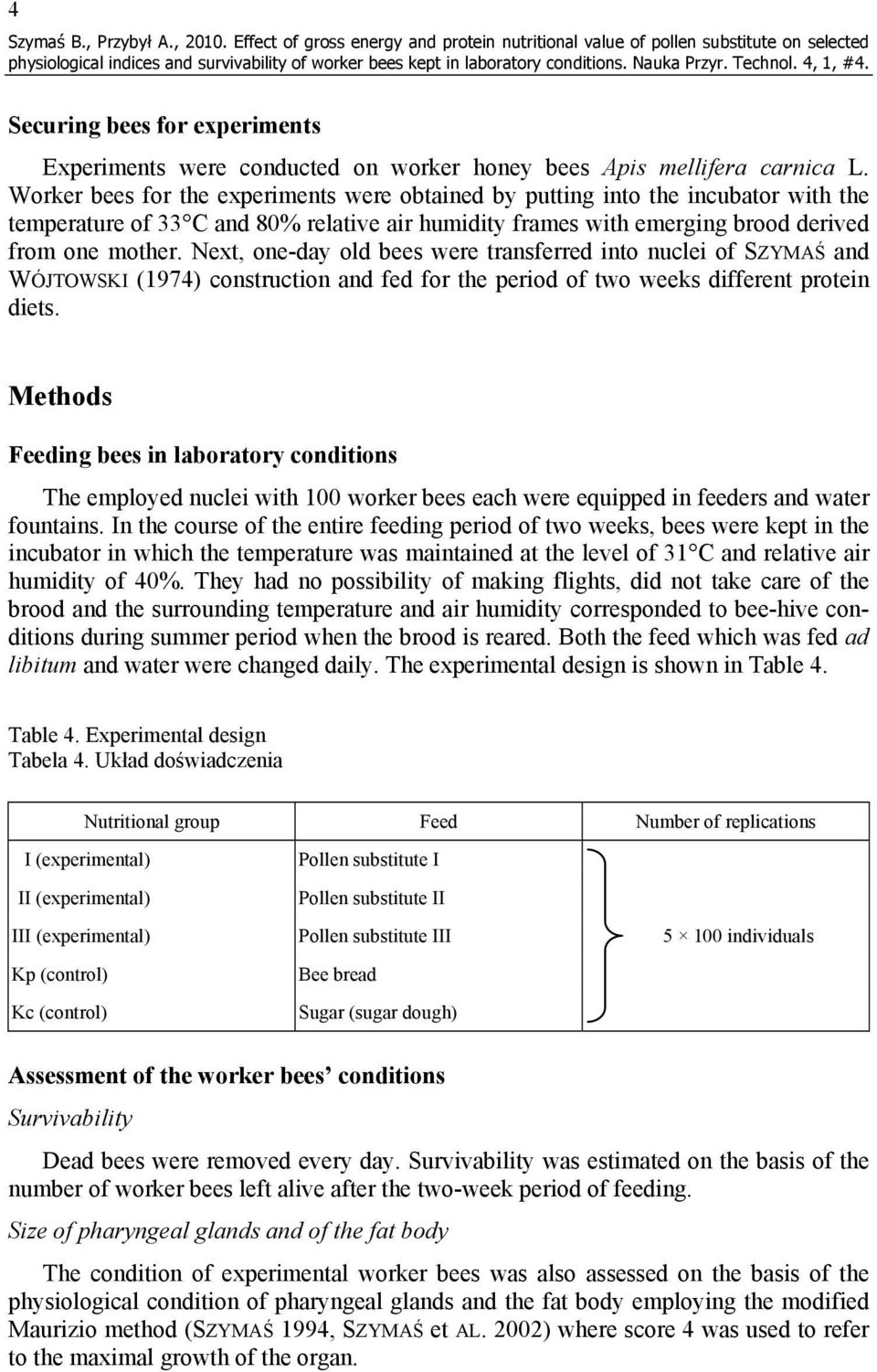 Worker bees for the experiments were obtained by putting into the incubator with the temperature of 33 C and 80% relative air humidity frames with emerging brood derived from one mother.