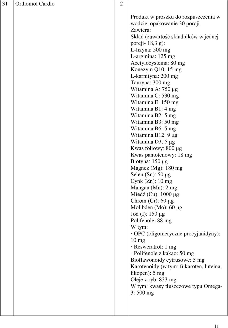 Witamina C: 530 mg Witamina E: 150 mg Witamina B1: 4 mg Witamina B2: 5 mg Witamina B3: 50 mg Witamina B6: 5 mg Witamina B12: 9 μg Witamina D3: 5 μg Kwas foliowy: 800 μg Kwas pantotenowy: 18 mg