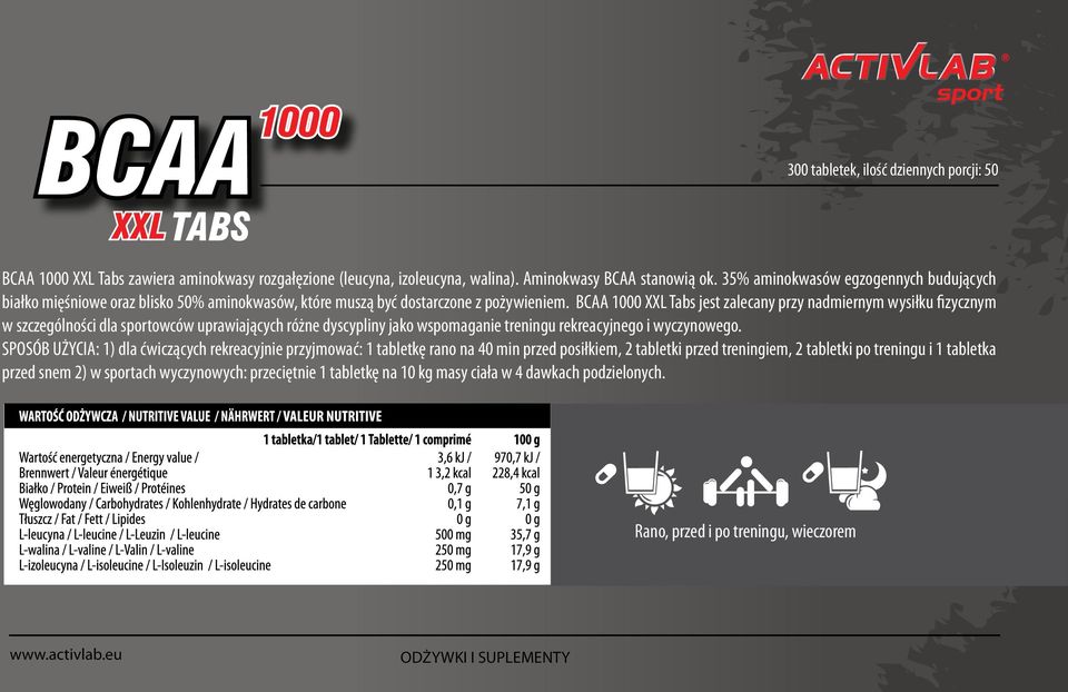 BCAA 1000 XXL Tabs jest zalecany przy nadmiernym wysiłku fizycznym w szczególności dla sportowców uprawiających różne dyscypliny jako wspomaganie treningu rekreacyjnego i wyczynowego.