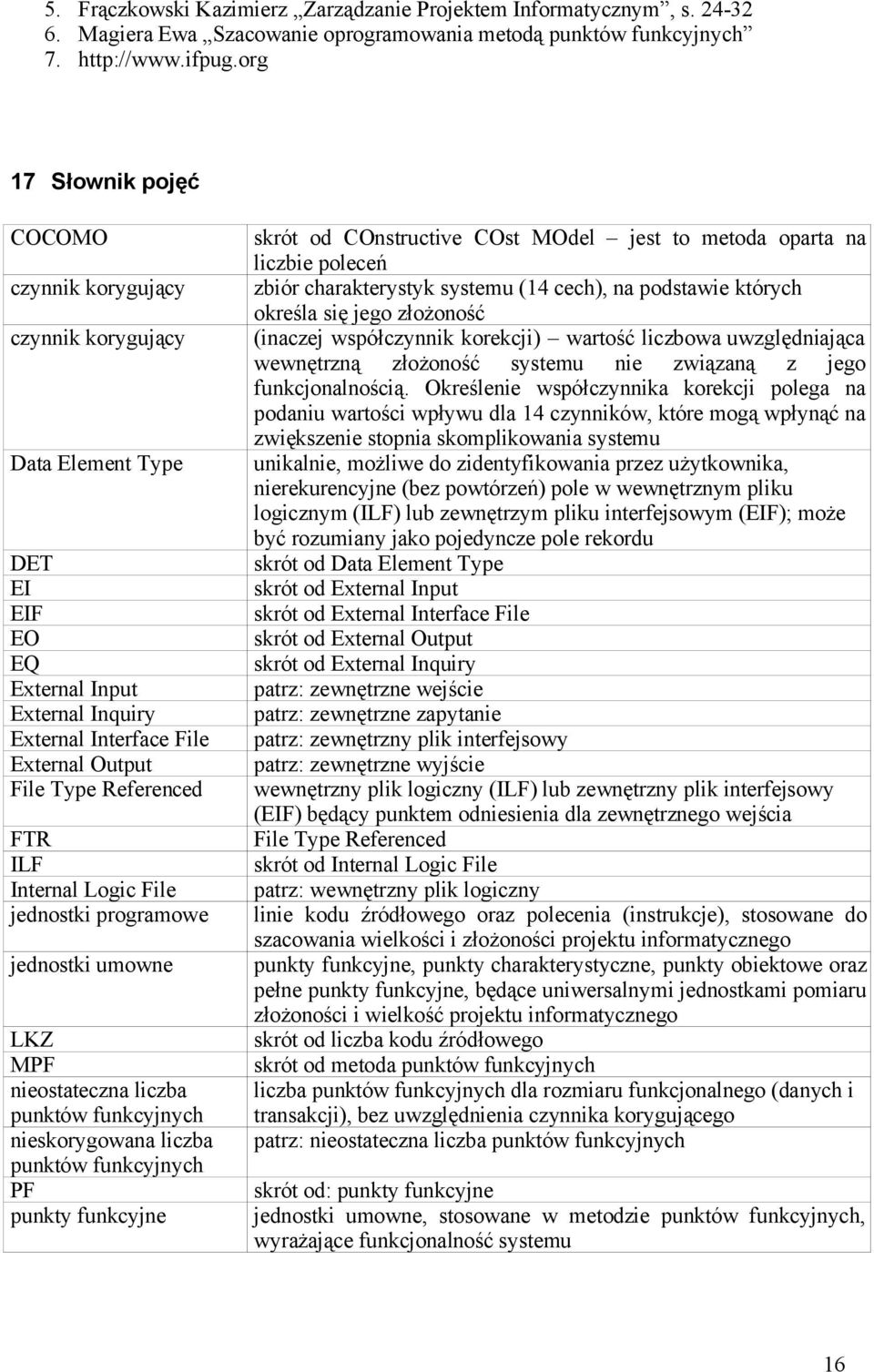 ILF Internal Logic File jednostki programowe jednostki umowne LKZ MPF nieostateczna liczba punktów funkcyjnych nieskorygowana liczba punktów funkcyjnych PF punkty funkcyjne skrót od COnstructive COst