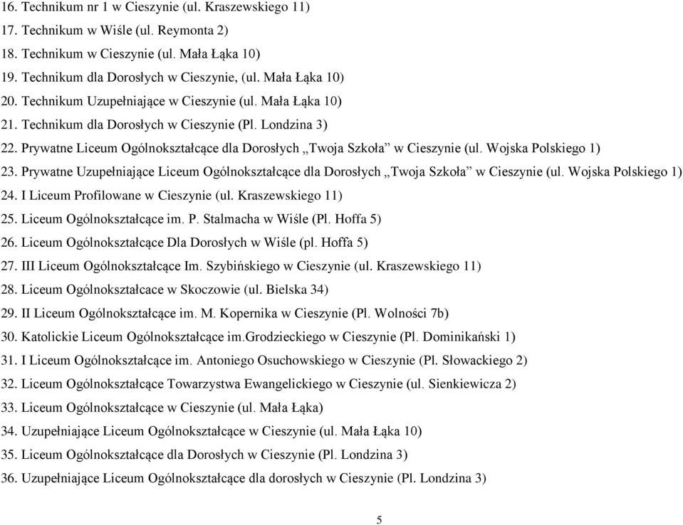 Prywatne Liceum Ogólnokształcące dla Dorosłych Twoja Szkoła w Cieszynie (ul. Wojska Polskiego 1) 23. Prywatne Uzupełniające Liceum Ogólnokształcące dla Dorosłych Twoja Szkoła w Cieszynie (ul.