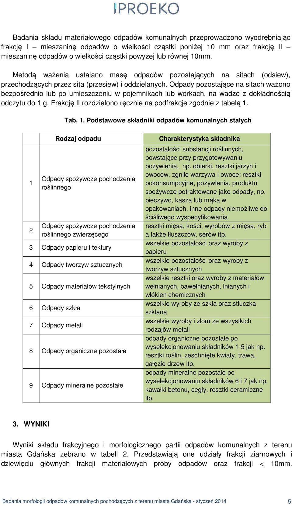 Odpady pozostające na sitach ważono bezpośrednio lub po umieszczeniu w pojemnikach lub workach, na wadze z dokładnością odczytu do 1 g. Frakcję II rozdzielono ręcznie na podfrakcje zgodnie z tabelą 1.