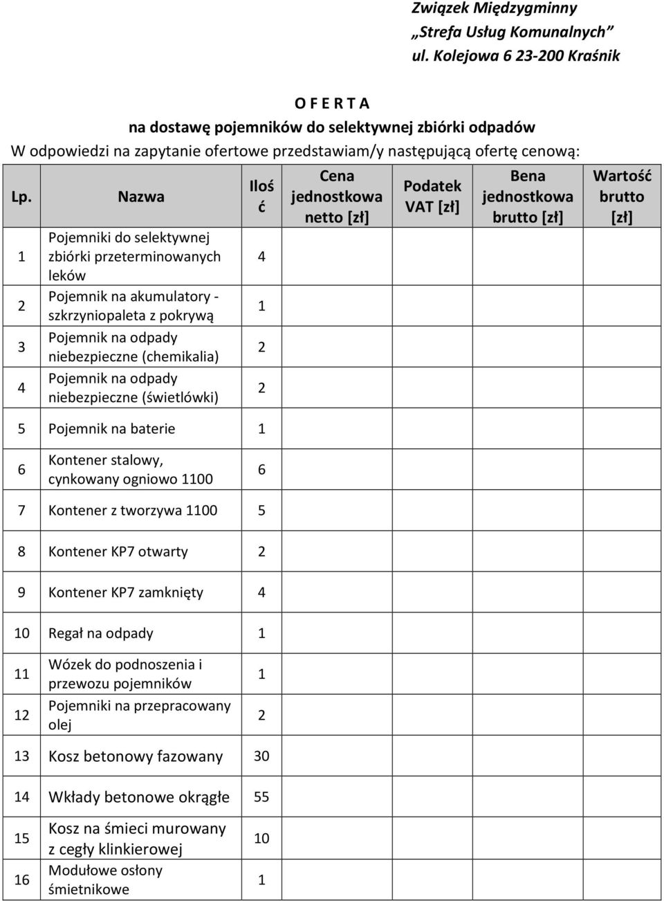 1 2 3 4 Nazwa Pojemniki do selektywnej zbiórki przeterminowanych leków Pojemnik na akumulatory - szkrzyniopaleta z pokrywą Pojemnik na odpady niebezpieczne (chemikalia) Pojemnik na odpady