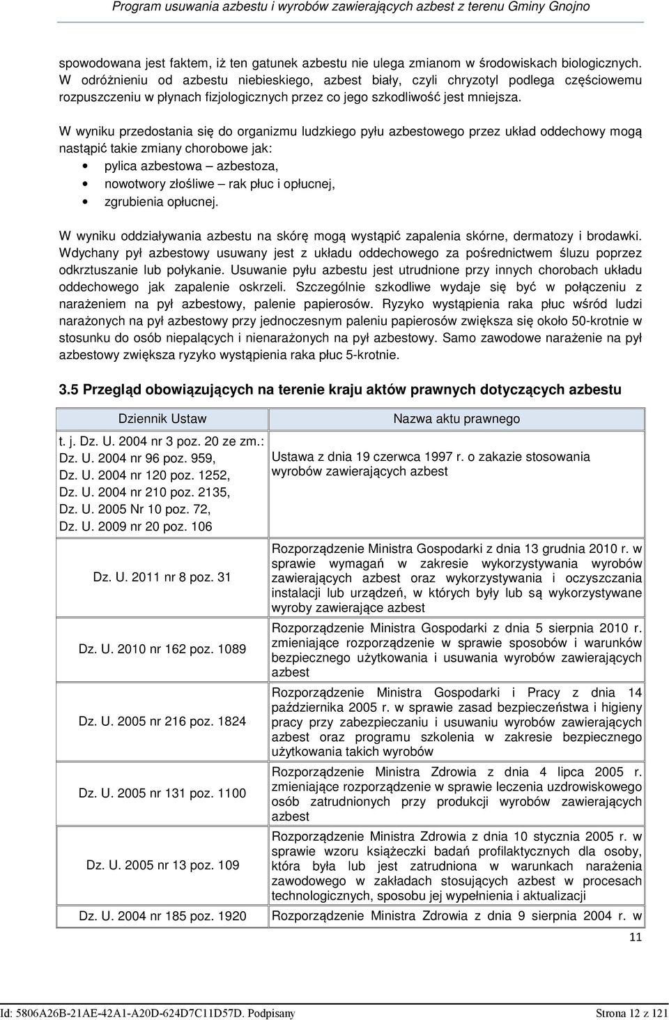 W wyniku przedostania się do organizmu ludzkiego pyłu azbestowego przez układ oddechowy mogą nastąpić takie zmiany chorobowe jak: pylica azbestowa azbestoza, nowotwory złośliwe rak płuc i opłucnej,