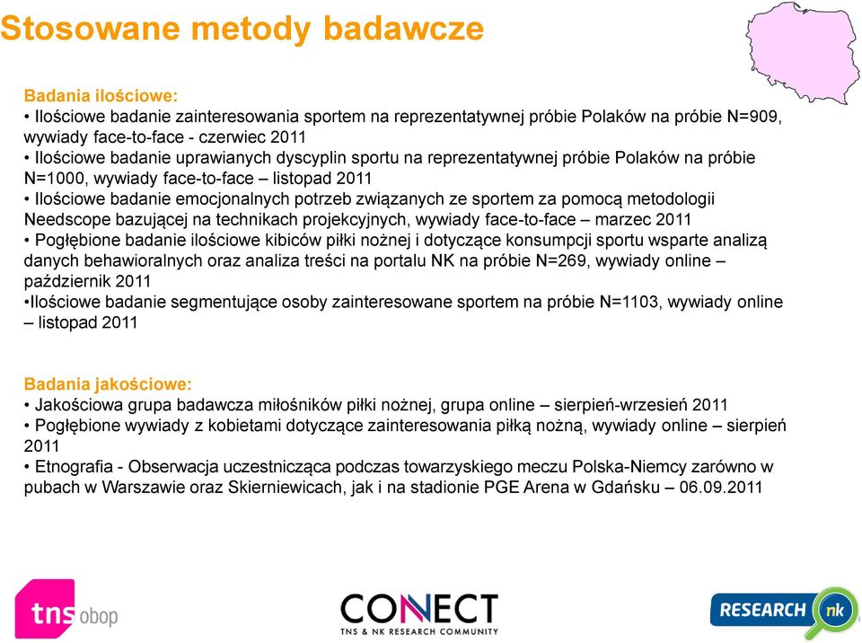 metodologii Needscope bazującej na technikach projekcyjnych, wywiady face-to-face marzec 2011 Pogłębione badanie ilościowe kibiców piłki nożnej i dotyczące konsumpcji sportu wsparte analizą danych