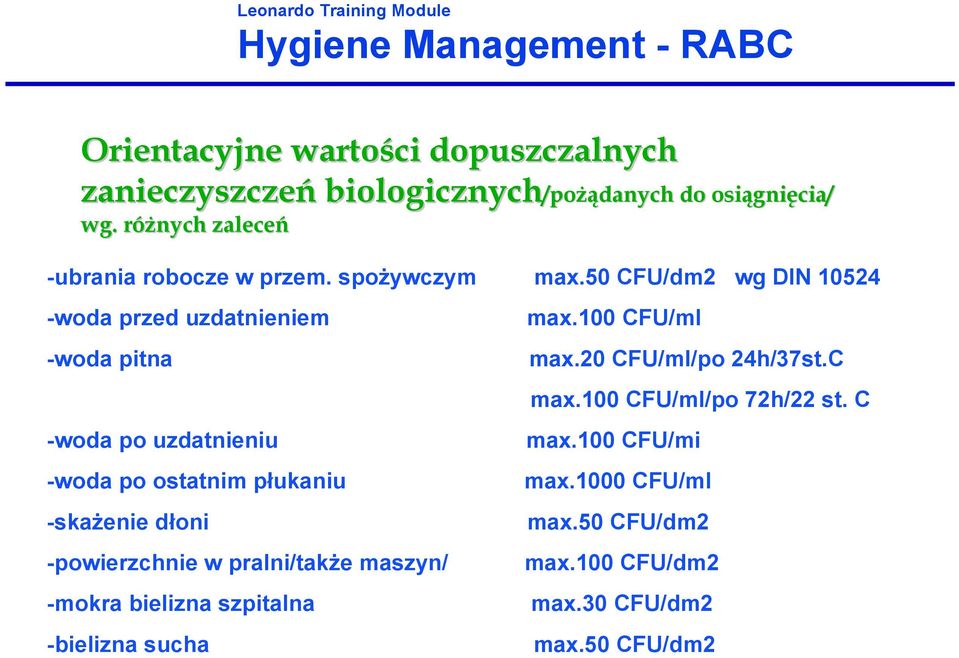 100 CFU/ml -woda pitna max.20 CFU/ml/po 24h/37st.C max.100 CFU/ml/po 72h/22 st. C -woda po uzdatnieniu max.