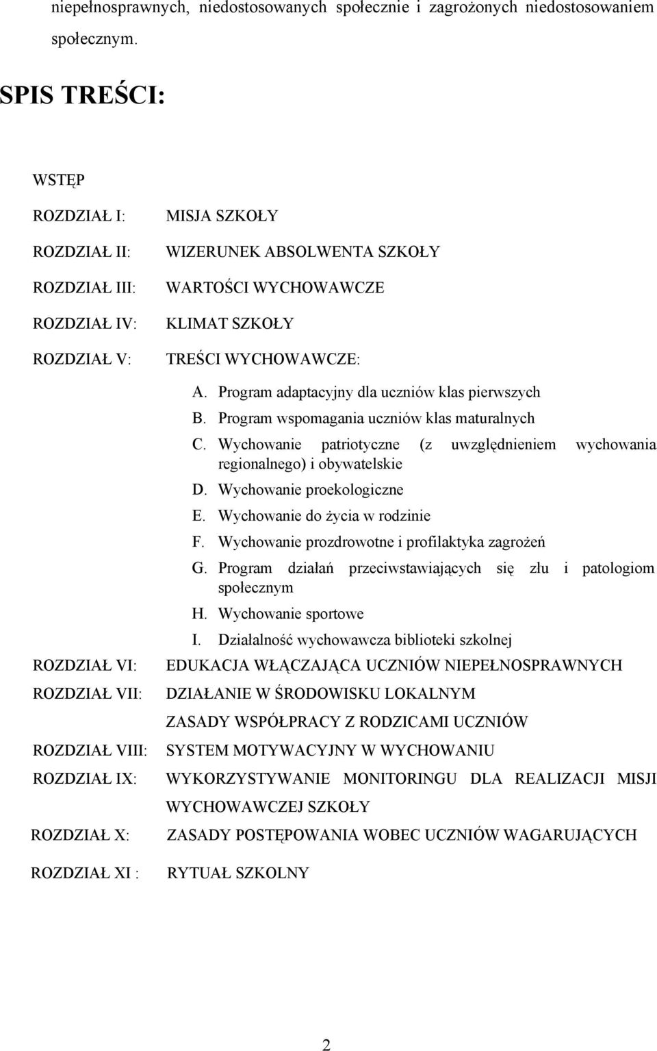 ROZDZIAŁ VII: ROZDZIAŁ VIII: A. Prgram adaptacyjny dla uczniów klas pierwszych B. Prgram wspmagania uczniów klas maturalnych C.