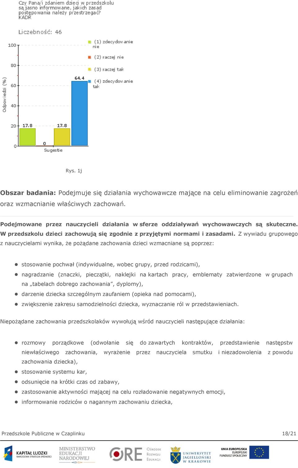 Z wywiadu grupowego z nauczycielami wynika, że pożądane zachowania dzieci wzmacniane są poprzez: stosowanie pochwał (indywidualne, wobec grupy, przed rodzicami), nagradzanie (znaczki, pieczątki,