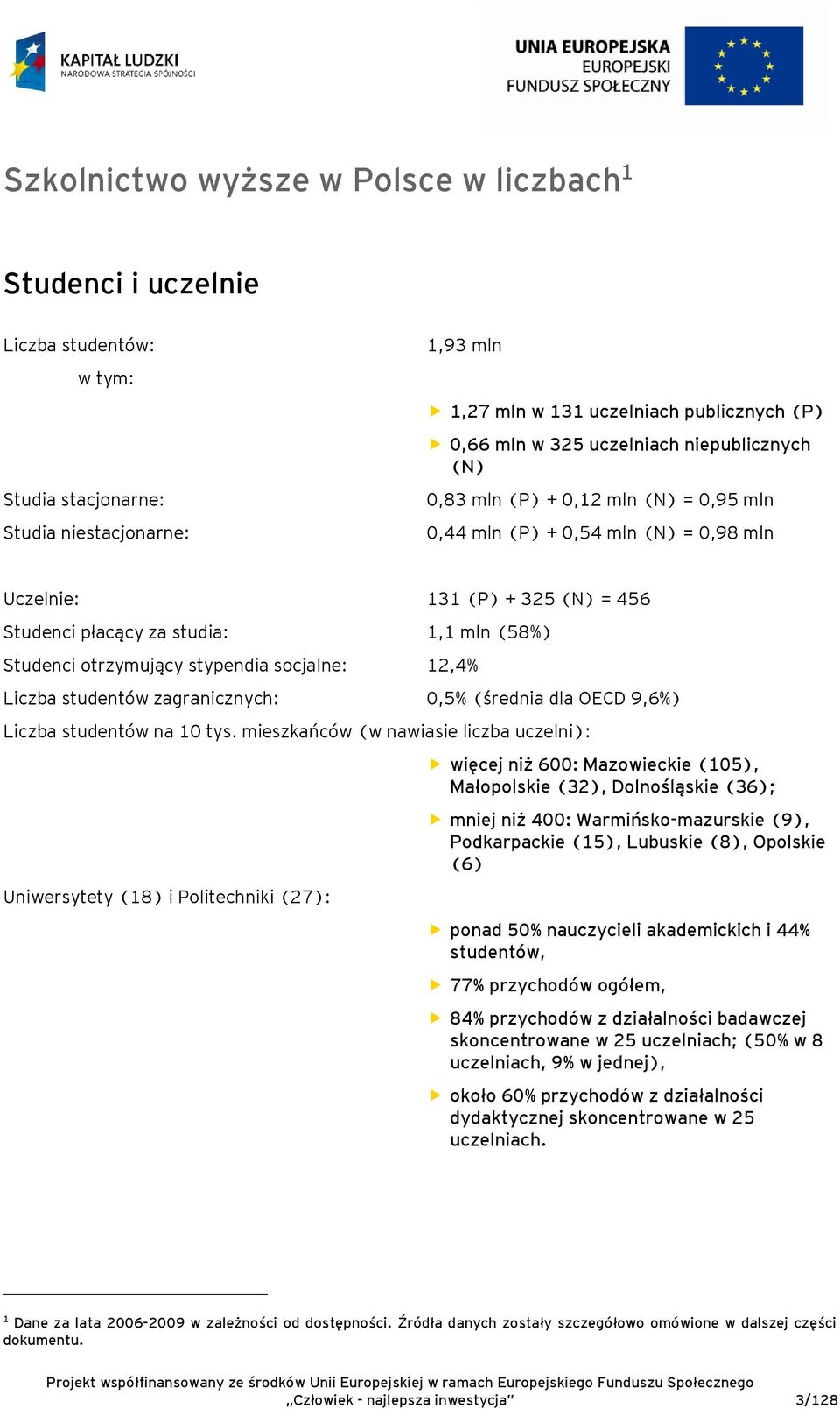 otrzymujący stypendia socjalne: 12,4% Liczba studentów zagranicznych: 0,5% (średnia dla OECD 9,6%) Liczba studentów na 10 tys.