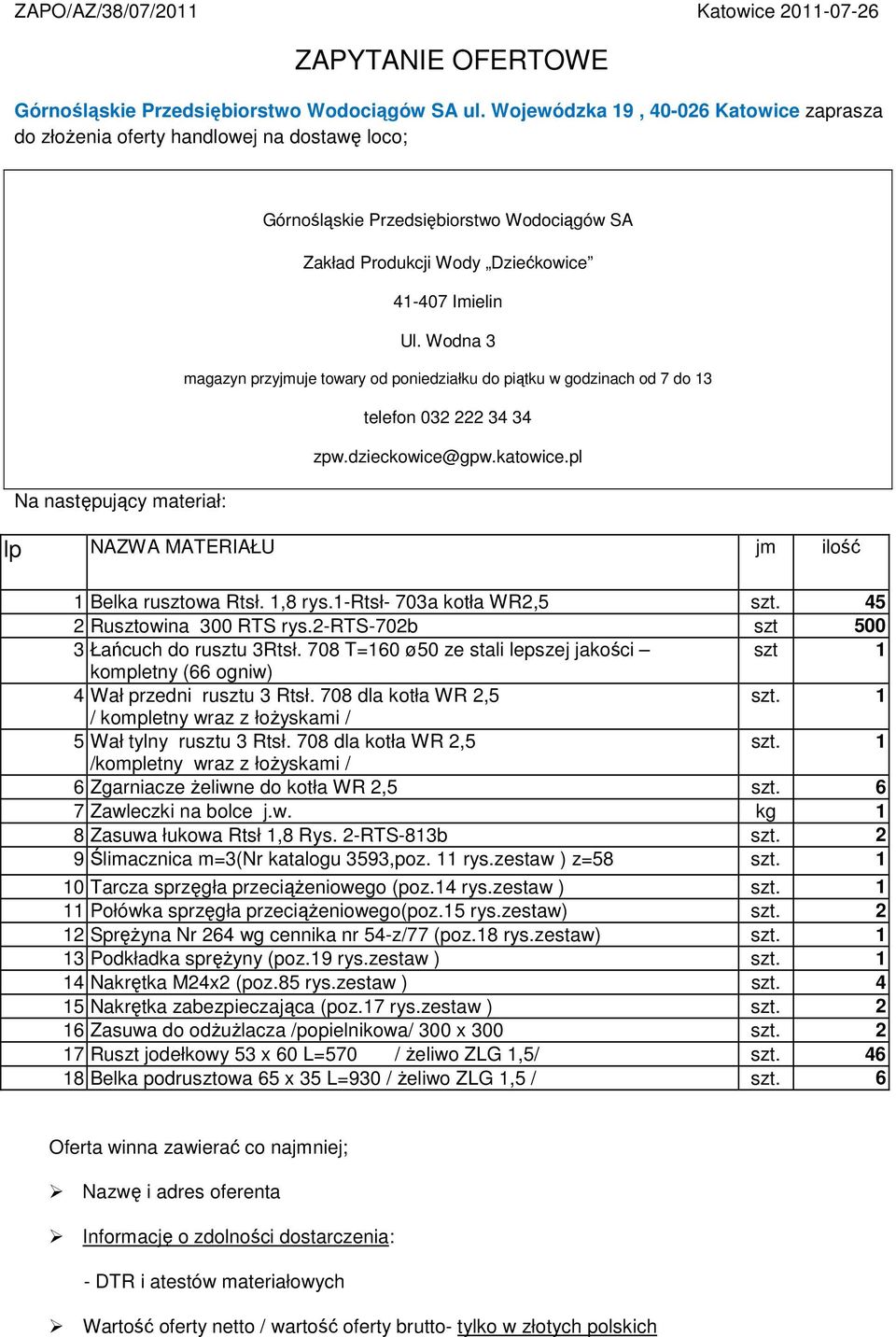 Imielin Ul. Wodna 3 magazyn przyjmuje towary od poniedziałku do piątku w godzinach od 7 do 13 telefon 032 222 34 34 zpw.dzieckowice@gpw.katowice.pl lp NAZWA MATERIAŁU jm ilość 1 Belka rusztowa Rtsł.