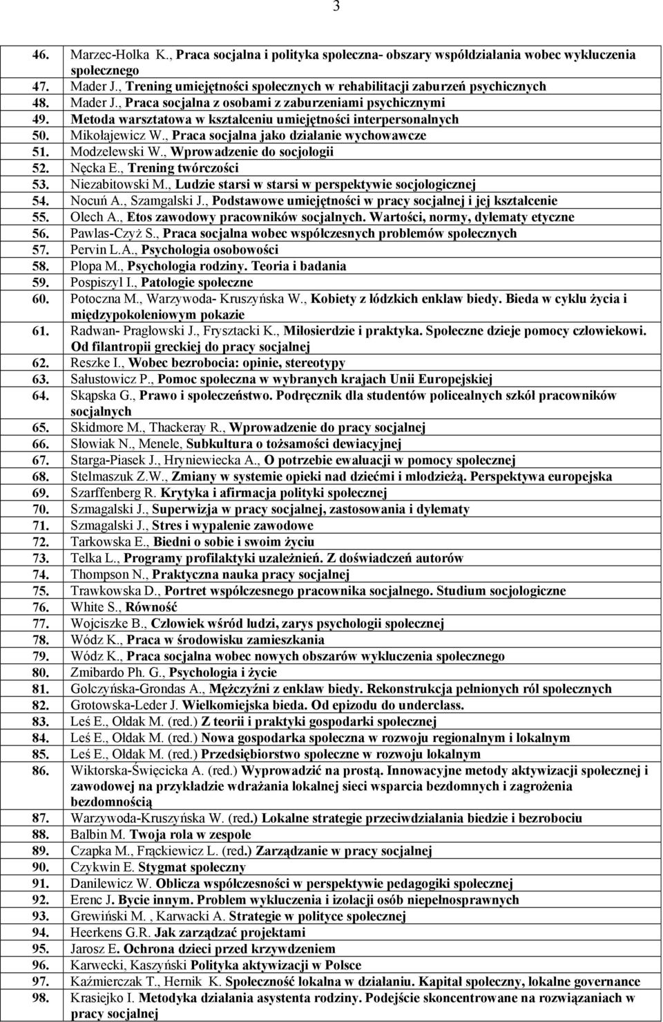 Metoda warsztatowa w kształceniu umiejętności interpersonalnych 50. Mikołajewicz W., Praca socjalna jako działanie wychowawcze 51. Modzelewski W., Wprowadzenie do socjologii 52. Nęcka E.