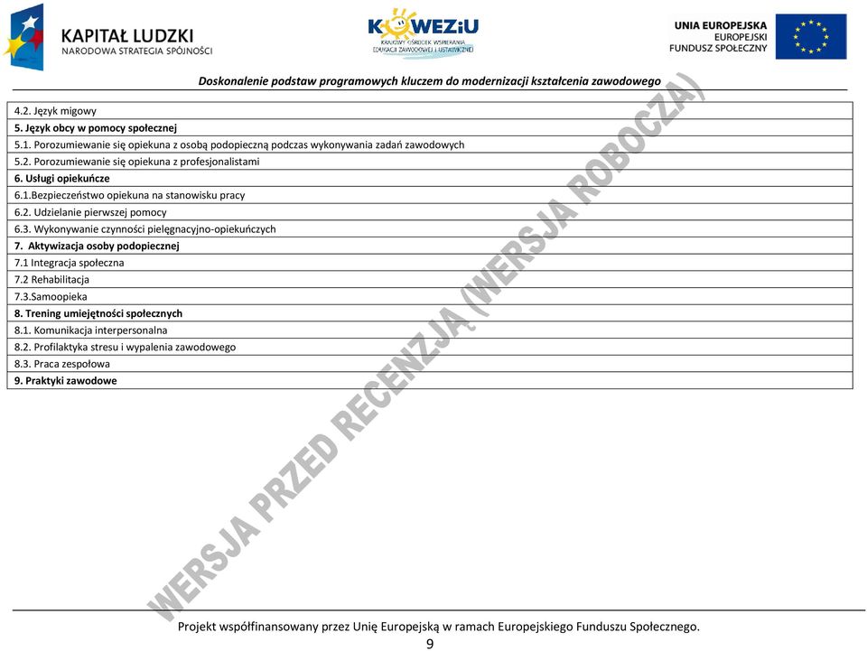 Aktywizacja osoby podopiecznej 7.1 Integracja społeczna 7.2 Rehabilitacja 7.3.Samoopieka 8. Trening umiejętności społecznych 8.1. Komunikacja interpersonalna 8.2. rofilaktyka stresu i wypalenia zawodowego 8.