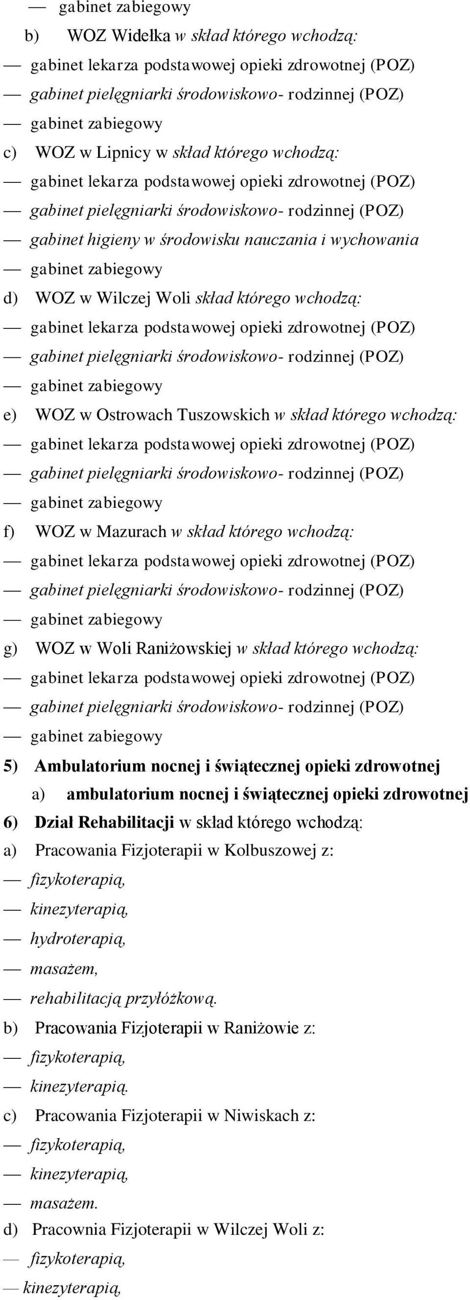 i świątecznej opieki zdrowotnej 6) Dział Rehabilitacji w skład którego wchodzą: a) Pracowania Fizjoterapii w Kolbuszowej z: kinezyterapią, hydroterapią, masażem, rehabilitacją