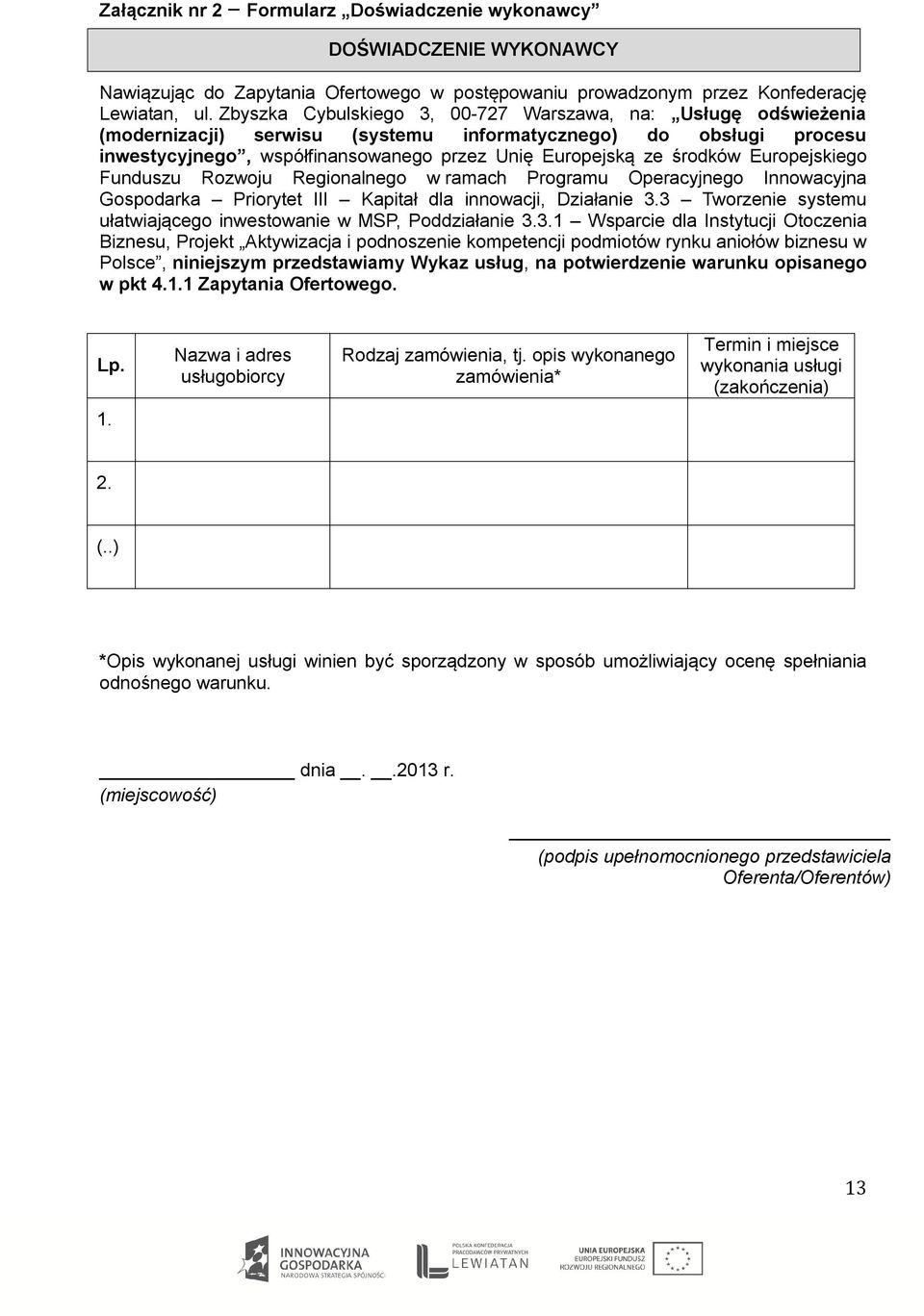 Europejskiego Funduszu Rozwoju Regionalnego w ramach Programu Operacyjnego Innowacyjna Gospodarka Priorytet III Kapitał dla innowacji, Działanie 3.